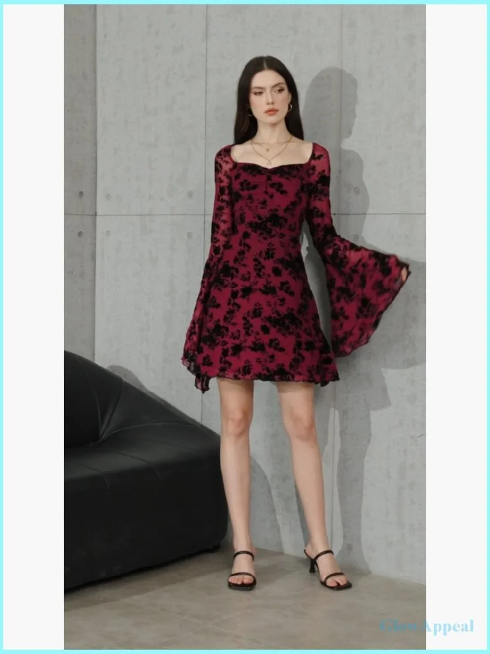 Vintage Gothic Floral Jacquard Mesh Dress Bell Long Sleeve A-Line - Picture 7 of 7